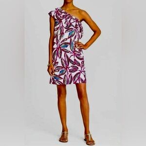 J. Crew tropical print linen blend one shoulder mini dress